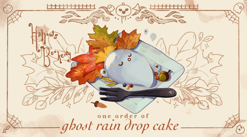 cake food food_focus food_name fork ghost halloween ichiknees leaf leaf_background maple_leaf no_humans original spider_web_background tray