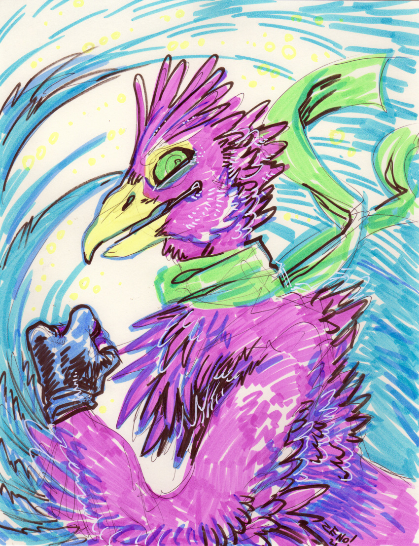 anthro avian beak biped bird blue_body clothing feathered_crest feathered_wings feathers galliform gloves green_eyes gyro_feather handwear head_crest hi_res male peafowl phasianid pink_body portrait scarf tail_feathers winged_arms wings zenophrenic