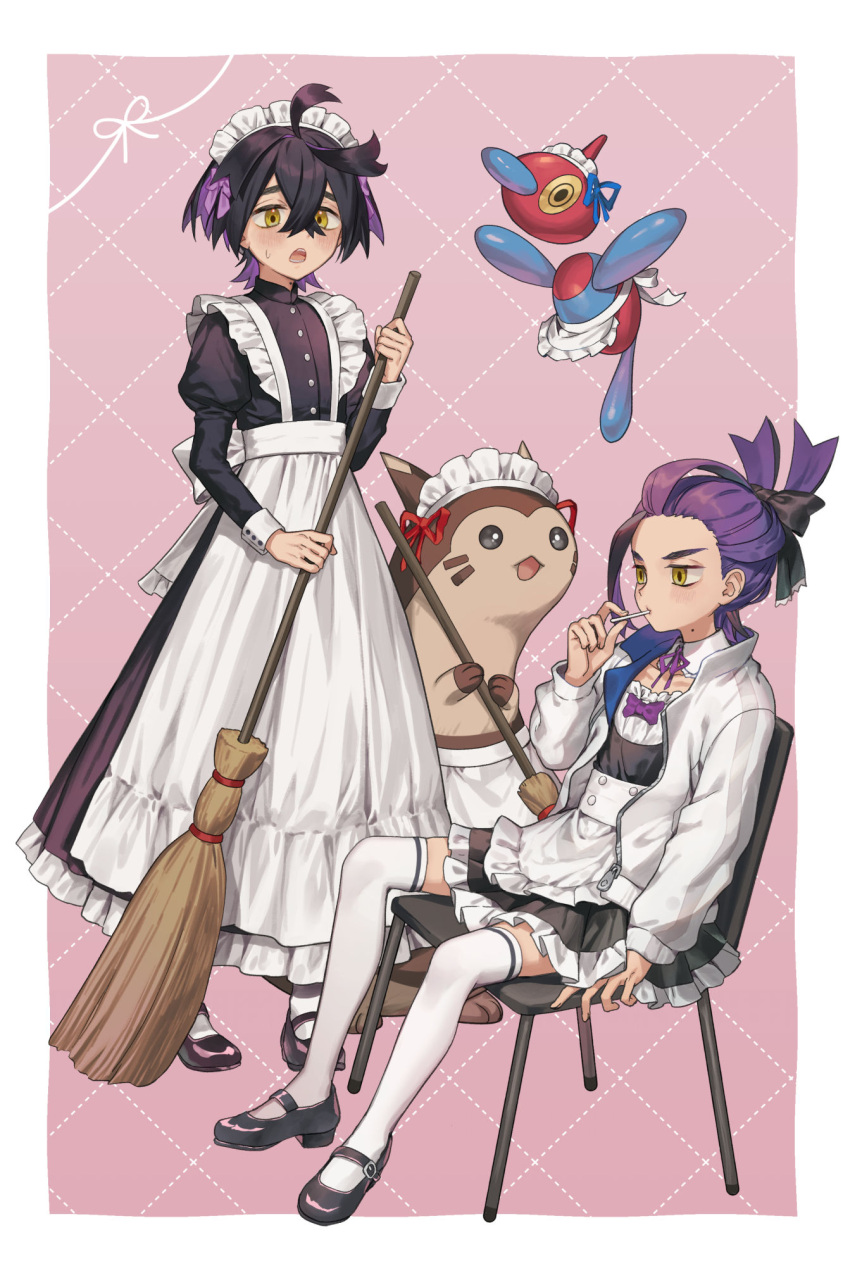 2boys alternate_costume apron black_bow black_dress black_footwear black_hair bow broom chair clone clothed_pokemon crossdressing crossed_bangs dress dual_persona enmaided furret hair_bow highres holding holding_broom jacket kieran_(pokemon) long_sleeves maid maid_headdress male_focus meno_oku mole mole_on_neck multicolored_hair multiple_boys open_clothes open_jacket open_mouth otoko_no_ko pokemon pokemon_(creature) pokemon_sv porygon-z purple_bow purple_hair shoes sitting sweat thighhighs white_apron white_thighhighs yellow_eyes