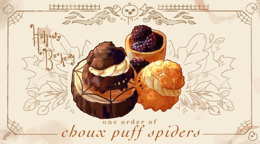 berry blackberry_(fruit) food food_focus food_name fruit halloween ichiknees leaf leaf_background no_humans original pastry spider_web_background