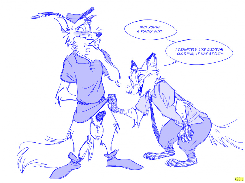 anthro balls big_balls bottomless bottomwear canid canine clothed clothing clothing_lift disney duo fox genitals hi_res ksejl male male/male mammal nick_wilde robin_hood simple_background skirt skirt_lift white_background zootopia