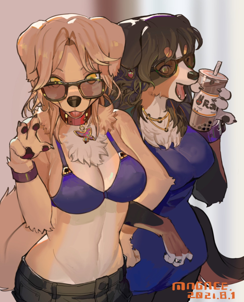 2021 4_fingers anthro arm_in_arm artist_name beverage bikini bikini_top bottomwear breasts brown_body brown_fur brown_hair brown_nose bubble_tea canid canine canis chest_tuft claws clothing collar dated domestic_dog dress duo ear_piercing eyewear female female/female finger_claws fingers floppy_ears fluffy fur gesture hair hi_res holding_beverage holding_object jewelry kemono looking_at_viewer magiace mammal midriff multicolored_body multicolored_fur navel necklace open_mouth pawpads piercing ring sunglasses swimwear tan_body tan_fur tan_hair teeth tongue tuft v_sign white_body white_fur wristband yellow_eyes