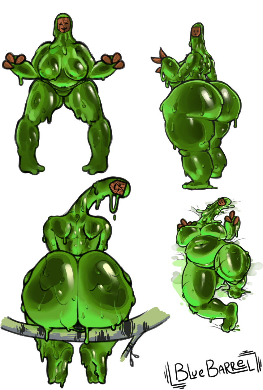 absurd_res anthro belly big_breasts big_butt bluebarrel breasts butt female food food_creature goo_creature green_body hi_res humanoid jelly_creature look_at_camera looking_back lying mature_female monster slightly_chubby slightly_chubby_female smile solo thick_thighs xenophilia