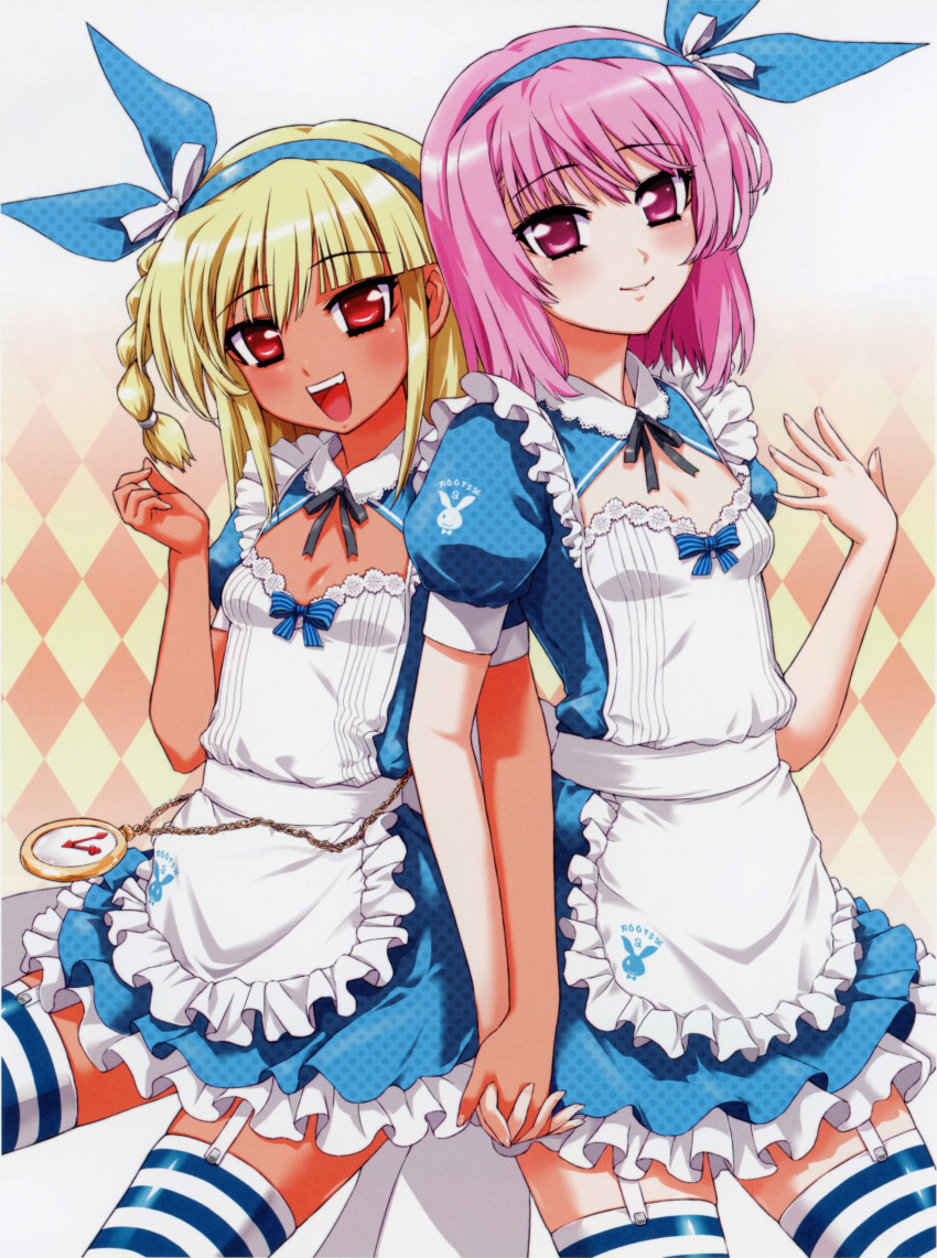 2girls absurdres apron beatmania_iidx blonde_hair braid breasts dark-skinned_female dark_skin goli_matsumoto hair_between_eyes hairband highres maid_apron multiple_girls nyah official_art pink_eyes pink_hair red_eyes sidelocks small_breasts striped_clothes striped_thighhighs thighhighs xiatian_(beatmania_iidx)