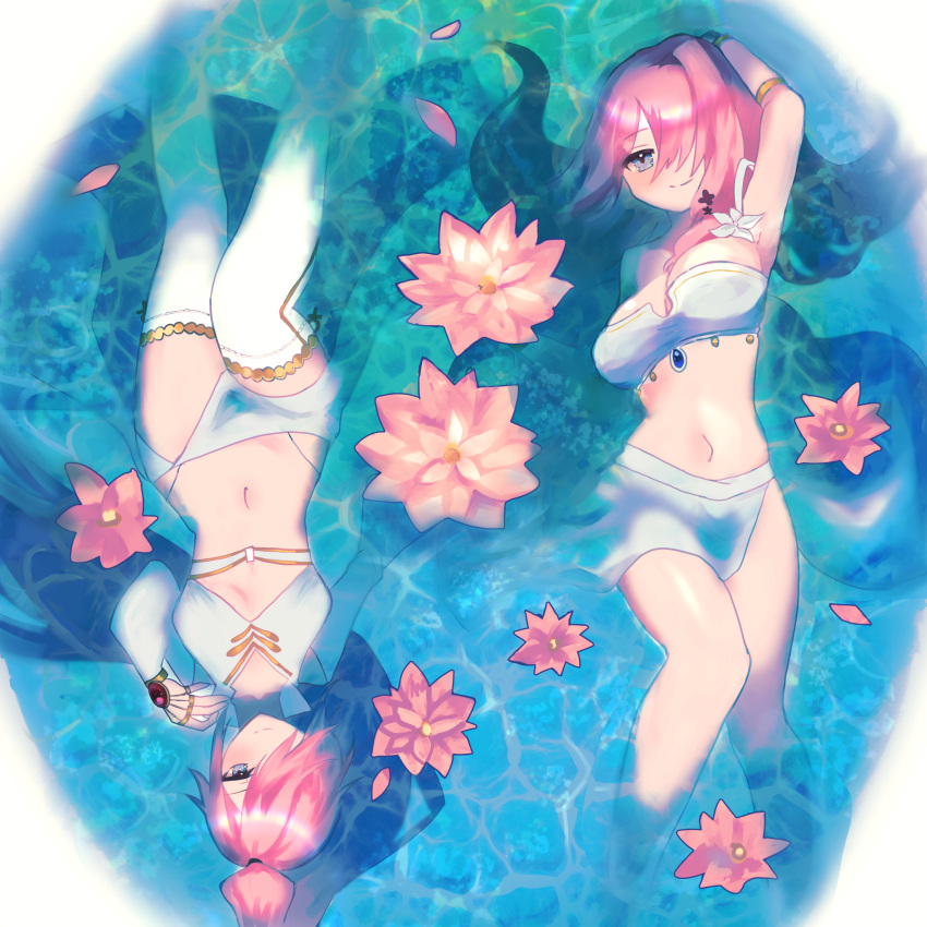 afloat armlet bikini blue_eyes blush bracelet breasts brown_dust_2 cleavage closed_mouth cropped_shirt flower from_above hair_over_one_eye highres jewelry large_breasts long_hair looking_at_viewer navel pink_flower pink_hair ponytail rubia_(brown_dust) ruzyeria sarong shirt siblings sisters small_breasts smile stomach swimsuit sylvia_(brown_dust) thighhighs very_long_hair wet wet_clothes wet_hair white_bikini white_sarong white_shirt white_thighhighs