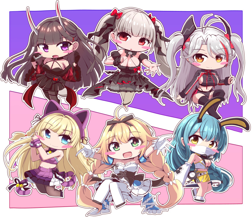 6+girls ahoge animal_ears antenna_hair azur_lane black_bow black_dress black_hair black_pantyhose black_ribbon blonde_hair blue_eyes blue_hair boise_(azur_lane) boise_(muse)_(azur_lane) bow cat_ears chibi dress fake_animal_ears formidable_(azur_lane) formidable_(muse)_(azur_lane) frilled_dress frills geo_(yukishitadou) green_eyes grey_hair hair_bow highres horns idol idol_clothes kongou_(azur_lane) kongou_(muse)_(azur_lane) le_temeraire_(azur_lane) le_temeraire_(muse)_(azur_lane) long_hair low_twintails mask mouth_mask multiple_girls noshiro_(azur_lane) noshiro_(muse)_(azur_lane) official_alternate_costume outline pantyhose prinz_eugen_(azur_lane) prinz_eugen_(muse)_(azur_lane) purple_eyes rabbit_ears red_eyes ribbon twintails two_side_up very_long_hair white_dress white_mask white_outline white_pantyhose yellow_eyes