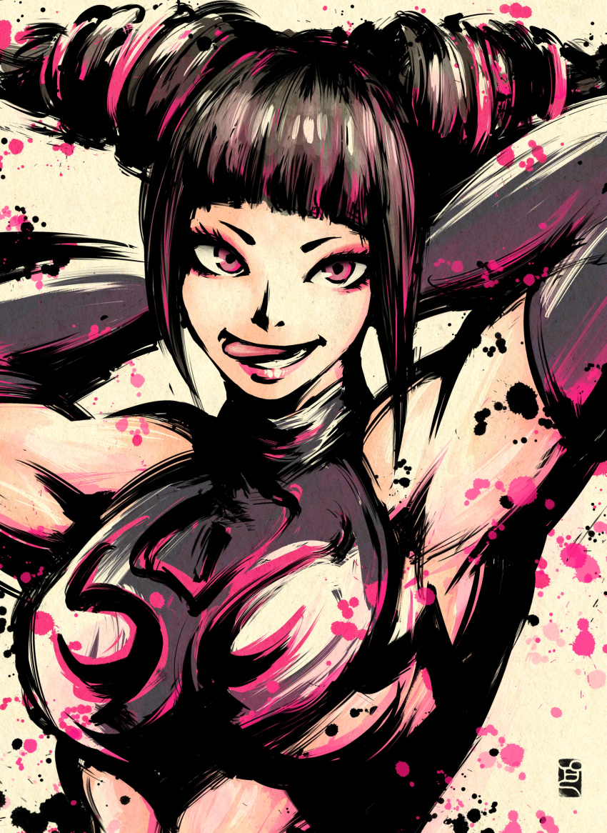 1girl absurdres arms_behind_head bare_shoulders black_hair black_shirt crop_top eyeshadow han_juri highres ink_wash_painting looking_at_viewer makeup pe51illust purple_eyes purple_eyeshadow purple_hair shirt solo street_fighter tongue tongue_out upper_body