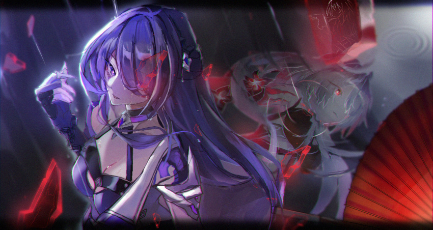 1girl acheron_(honkai:_star_rail) breasts cleavage commentary_request flower hand_up highres honkai:_star_rail honkai_(series) letterboxed long_hair looking_at_viewer multiple_views natumusumeab official_alternate_color parted_lips purple_eyes purple_hair rain red_flower reflection very_long_hair