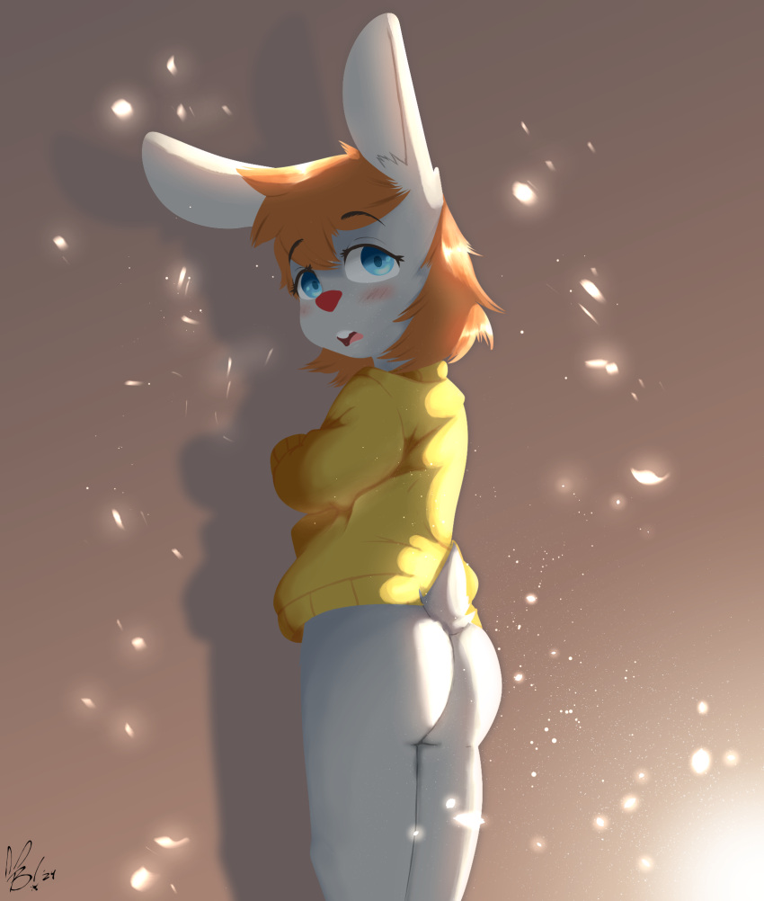 anthro bare_butt beep! blue_eyes blush butt clothing dust_particles female hi_res humanoid joy/sb(snickcola) lagomorph leporid light light_beam looking_at_viewer looking_back looking_back_at_viewer mammal mostly_nude open_mouth rabbit solo sunbeam sunlight sweater topwear