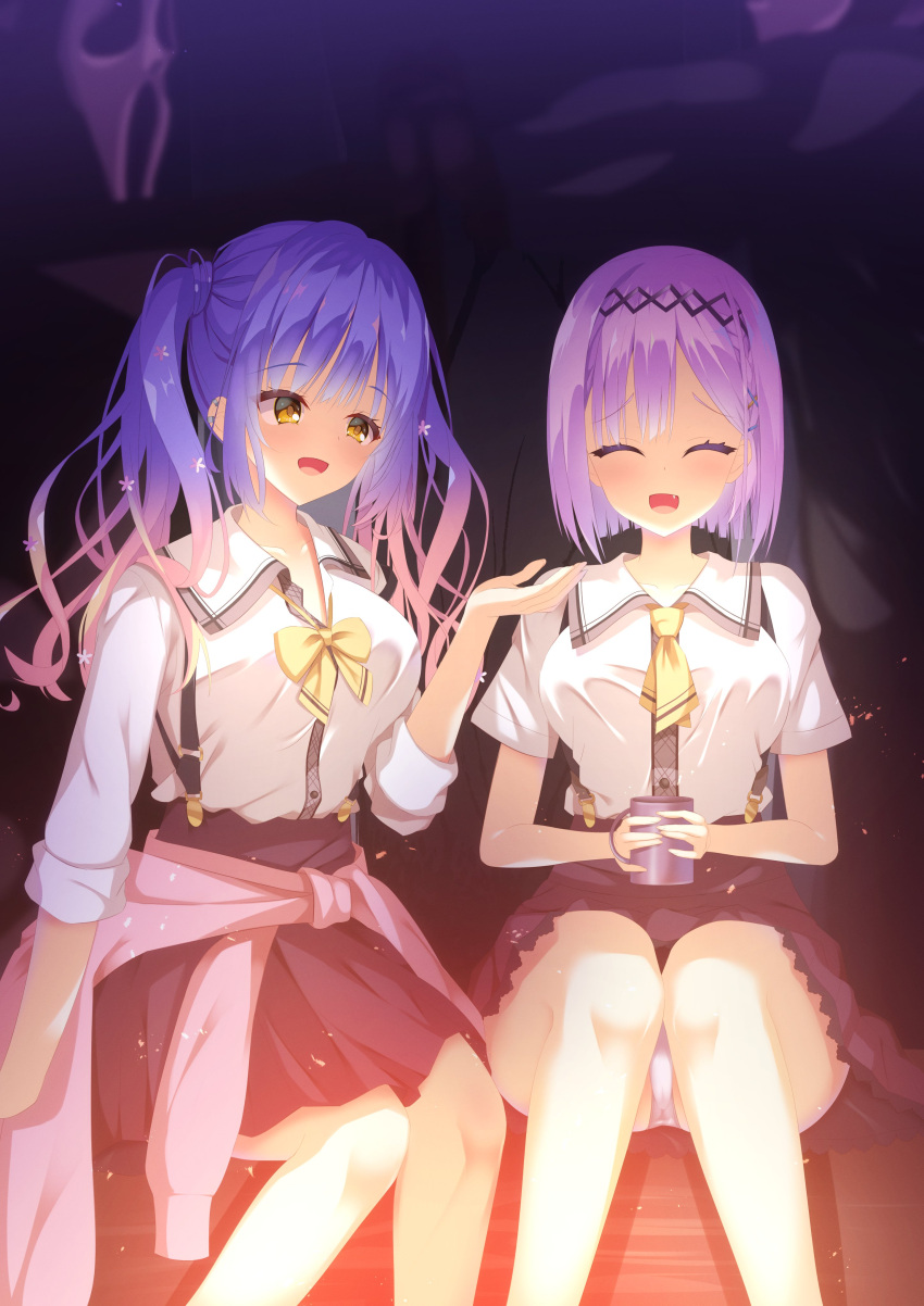 2girls :d \||/ ^_^ absurdres arm_at_side black_hairband blue_hair blush bob_cut bow bright_pupils calamity_saika campfire closed_eyes clothes_around_waist collared_shirt commentary_request cup earclip facing_viewer fang feet_out_of_frame flower frilled_skirt frills gradient_hair gyaru hair_between_eyes hair_flower hair_ornament hair_over_shoulder hairband hairclip hand_up happy high-waist_skirt highres holding holding_cup knees_together_feet_apart kogal kohibari_kurumi long_hair long_sleeves looking_at_another mug multicolored_hair multiple_girls necktie open_mouth orange_hair outdoors panties pink_flower pink_hair pleated_skirt raised_eyebrows scary_movie school_uniform shirt short_hair short_necktie short_sleeves side-by-side sitting skirt smile straight_hair suspender_skirt suspenders tanikaze_amane tenshi_souzou_re-boot! tsurime twintails underlighting underwear wavy_hair white_panties white_shirt x_hair_ornament yellow_bow yellow_eyes yellow_necktie