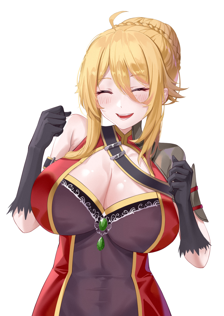 1girl absurdres ahoge angelica_rafa_redgrave black_gloves blonde_hair blush braid braided_bun breasts cleavage cleavage_cutout closed_eyes clothing_cutout commission covered_navel dress english_commentary facing_viewer gem gloves green_gemstone hair_between_eyes hair_bun hands_up happy highres huge_breasts kaijiba long_hair open_mouth otome_gee_sekai_wa_mob_ni_kibishii_sekai_desu pixiv_commission red_dress sidelocks simple_background single_bare_shoulder smile solo upper_body yellow_background