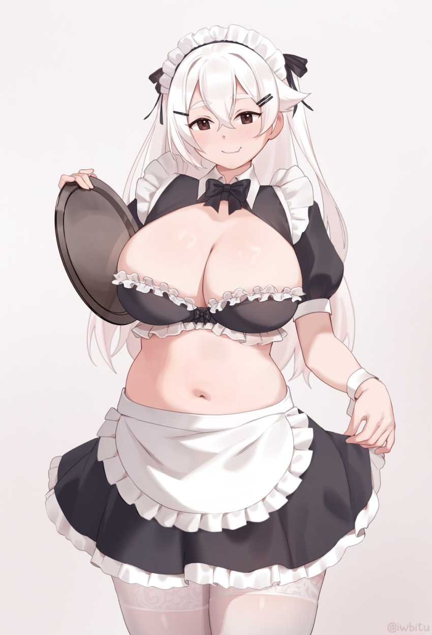 1girl blush breasts highres iwbitu large_breasts long_hair looking_at_viewer maid nyopu original smile solo thighs white_hair