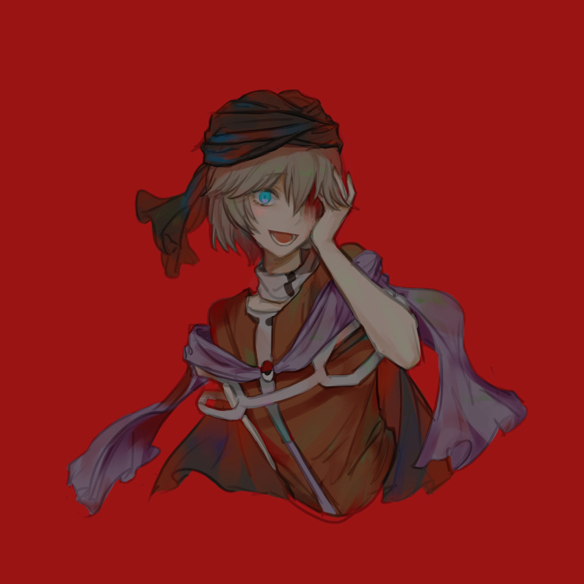 1other 21scorpii androgynous bandana bare_arms black_bandana blood blood_on_face blue_eyes brown_hair cine_hamal commentary cropped_torso eye_of_senri eyelashes hand_on_own_face hashtag-only_commentary highres jacket kuzu_suzumi len'en looking_at_viewer lower_teeth_only one-eyed open_clothes open_jacket open_mouth orange_jacket orange_sleeves other_focus purple_scarf red_background scarf shirt short_hair short_sleeves simple_background smile solo teeth turban turtleneck turtleneck_shirt white_shirt