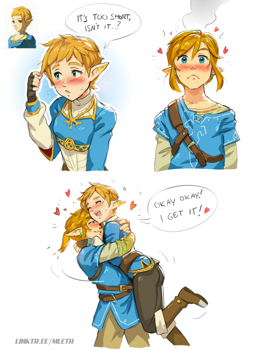 1boy 1girl :&lt; ass blonde_hair blush english_text fingerless_gloves gloves green_eyes head_steam heart highres hug lifting_person link mleth official_alternate_hairstyle pointy_ears ponytail princess_zelda prototype_design reference_inset short_hair smile speech_bubble the_legend_of_zelda the_legend_of_zelda:_tears_of_the_kingdom very_short_hair