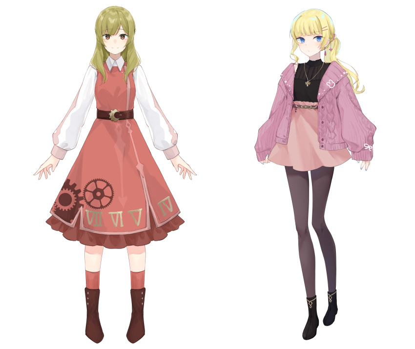 2girls absurdres belt blonde_hair blue_eyes boots brown_eyes brown_hair cardigan collared_dress dress full_body hair_ornament hairclip highres jewelry kotake_8 long_hair long_sleeves multiple_girls necklace original pantyhose ponytail roman_numeral skirt smile socks