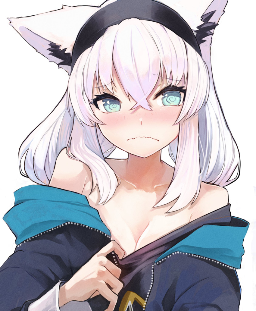 :s @_@ animal_ear_fluff animal_ears aqua_eyes black_hairband black_shirt blue_jacket breasts choppy_bangs cleavage clothes_pull crossed_bangs embarrassed fox_ears hairband hashtag-only_commentary highres hololive jacket light_blush medium_hair nyucha off_shoulder open_clothes open_jacket shirakami_fubuki shirakami_fubuki_(loungewear) shirt shirt_pull sidelocks simple_background unzipped upper_body virtual_youtuber white_background white_hair