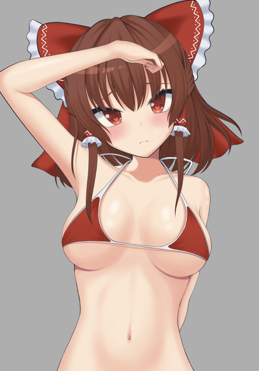 1girl arm_behind_back arm_up armpits bangs bare_shoulders bikini blush bow breasts brown_hair closed_mouth collarbone eyebrows_behind_hair frilled_bow frilled_hair_tubes frills frown grey_background hair_bow hair_tubes hakurei_reimu hand_on_forehead head_tilt highres l_(rrvu8245) long_hair medium_breasts navel red_bikini red_bow red_eyes sidelocks simple_background solo swimsuit touhou tsurime upper_body