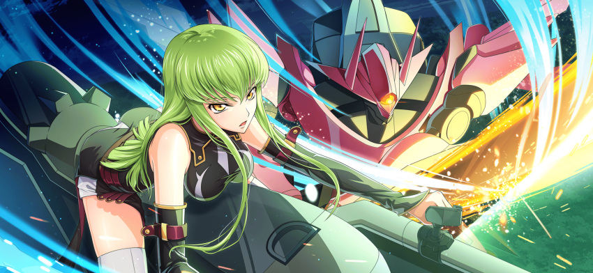 1girl akatsuki_(code_geass) artist_request bare_shoulders black_shirt black_sleeves breasts c.c. code_geass code_geass:_lost_stories detached_sleeves game_cg green_hair hair_between_eyes hanging_breasts highres leaning_forward long_hair long_sleeves looking_afar mecha medium_breasts night non-web_source official_art one-eyed open_mouth orange_eyes outdoors piloting robot shirt short_shorts shorts sidelocks sitting sleeveless sleeveless_shirt solo sparks thighhighs thighs white_shorts white_thighhighs yellow_eyes
