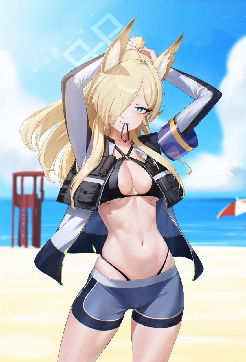 1girl animal_ear_fluff animal_ears beach bikini black_bikini blonde_hair blue_archive blue_eyes blue_halo breasts clenched_teeth collarbone cowboy_shot day grey_shorts hair_over_one_eye halo highres jacket kanna_(blue_archive) large_breasts long_hair long_sleeves navel ocean open_clothes open_jacket outdoors pjman shorts solo swimsuit teeth white_jacket