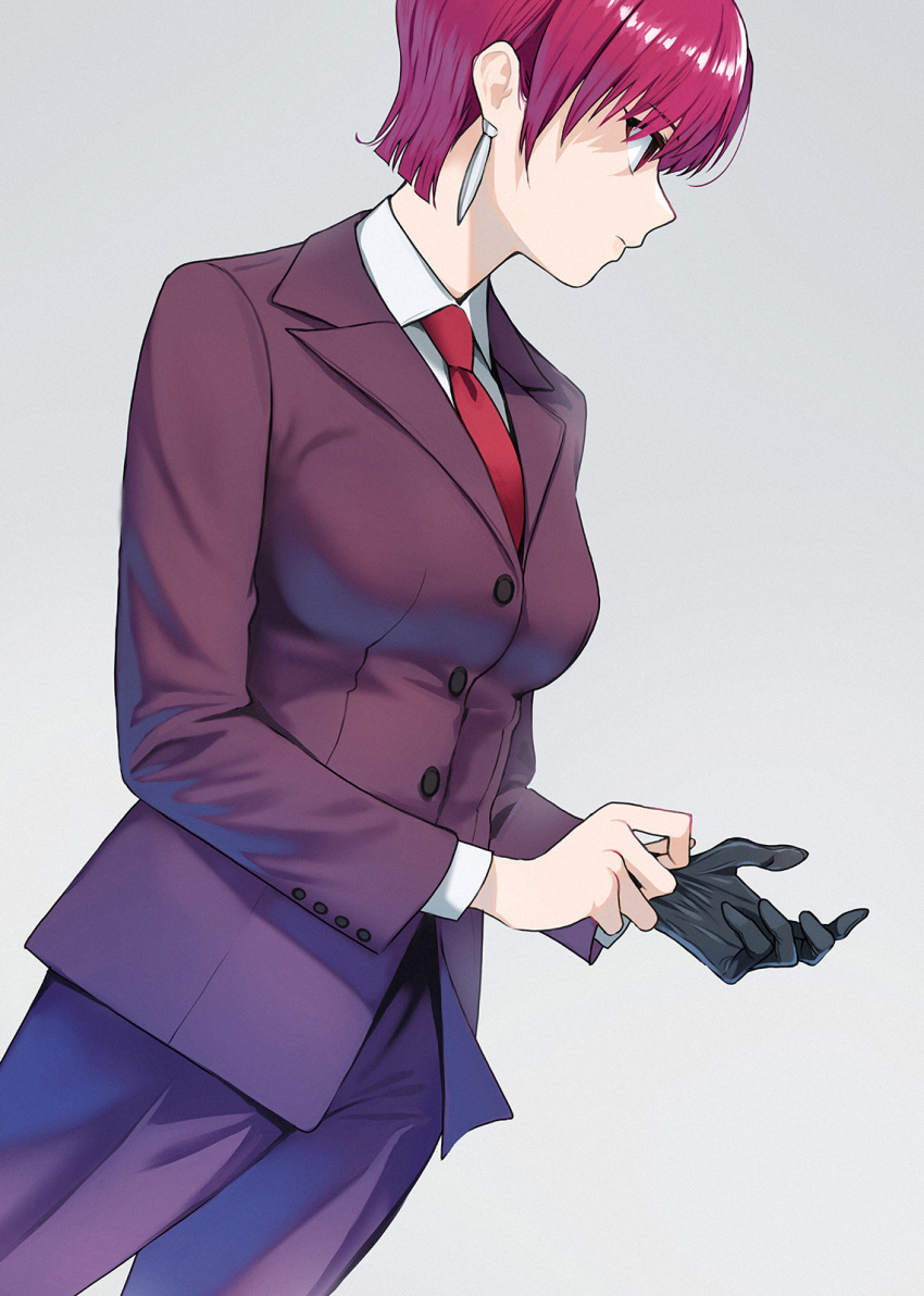 1girl bangs bazett_fraga_mcremitz black_gloves breasts collared_shirt doushimasho dress_shirt earrings fate/grand_order fate/hollow_ataraxia fate_(series) gloves grey_pants grey_suit highres jewelry large_breasts long_sleeves necktie official_art pants parted_bangs purple_hair red_eyes red_necktie shirt short_hair single_glove solo white_shirt