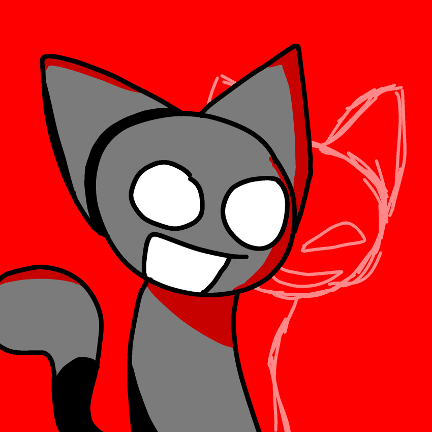 anthro dastarman digital_drawing_(artwork) digital_media_(artwork) domestic_cat evil_grin felid feline felis flipnote_studio_(artwork) fur fuzz_the_cat grey_body grey_fur happy hi_res male mamal mammal red_background silhouette simple_background smile solo the_june_archive_and_restoration_project