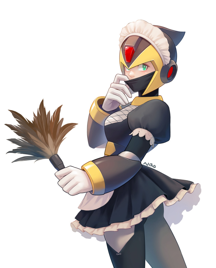 1girl absurdres apron ass black_dress black_mask breasts chinese_commentary commentary cowboy_shot dress duster feather_duster forehead_jewel genderswap genderswap_(mtf) gloves green_eyes grey_armor grey_helmet hand_on_own_face highres holding holding_tool looking_at_viewer maid maid_apron maid_day maid_headdress mask mask_pull medium_breasts mega_man_(series) mega_man_x_(series) mouth_mask nao_(gatita) ninja petticoat revision robot shadow_armor_x_(mega_man) signature simple_background white_apron white_background white_gloves x_(mega_man)