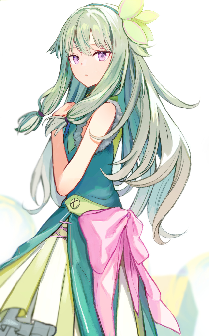 1girl absurdres bare_shoulders bow dress frills green_dress green_hair green_hairband hair_between_eyes hair_ornament hairband highres kusanagi_nene leaf_hair_ornament long_hair looking_at_viewer parted_lips peno project_sekai purple_eyes sleeveless sleeveless_dress solo standing striped_clothes striped_dress vertical-striped_clothes vertical-striped_dress very_long_hair wonderlands_x_showtime_(project_sekai)