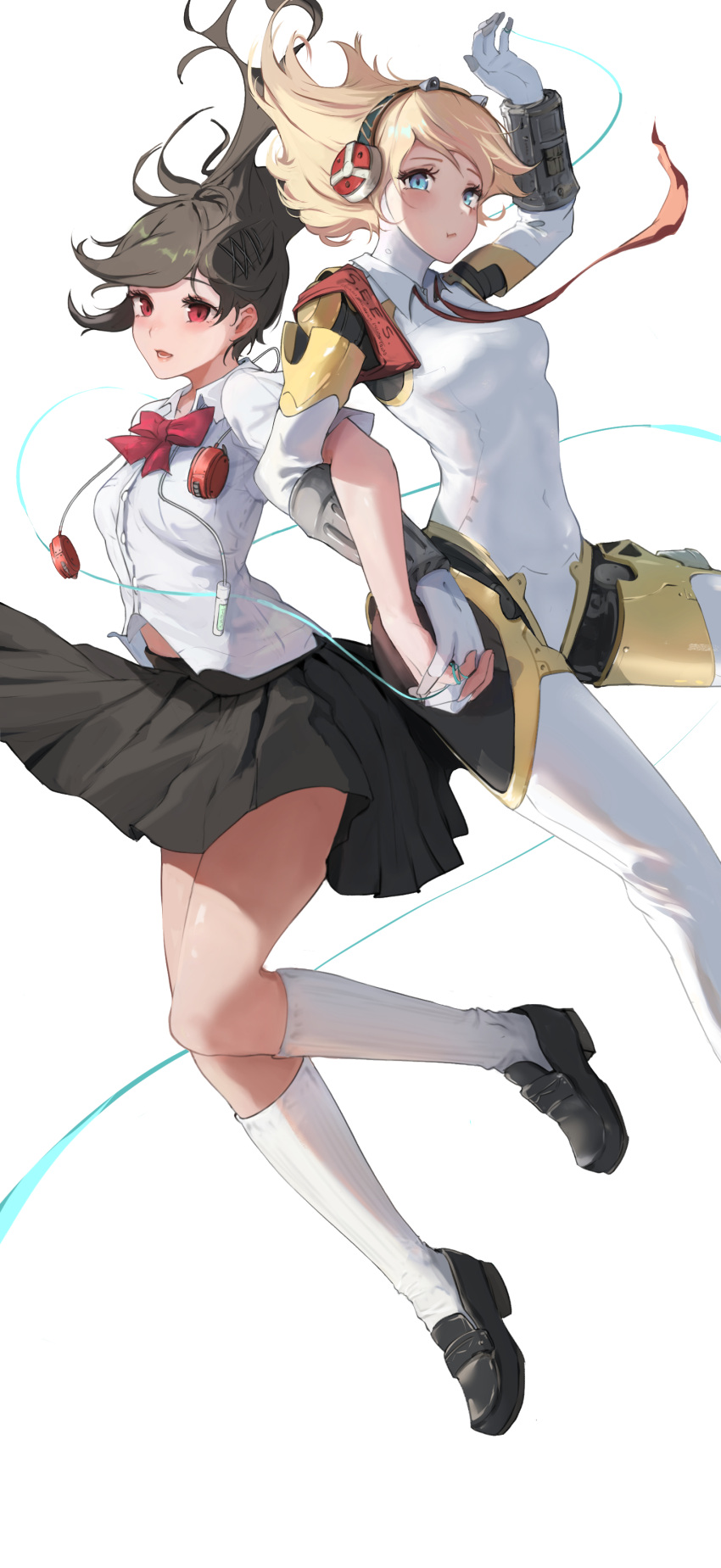 2girls absurdres aegis_(persona) ahoge aqua_ribbon armband black_footwear black_skirt blonde_hair blue_eyes blush bow breasts brown_hair closed_mouth clothing_cutout collared_shirt commentary covered_navel cropped_legs detached_collar english_commentary falling full_body gauntlets hair_ornament hairpin headphones headphones_around_neck highres holding_hands interlocked_fingers joints kneehighs locked_arms looking_down lower_teeth_only mechanical_arms medium_breasts multiple_girls open_mouth papon persona persona_3 persona_3_portable pleated_skirt red_bow red_eyes ribbon robot_girl robot_joints shiomi_kotone shirt simple_background skirt smile socks stomach_cutout swept_bangs teeth white_background white_shirt