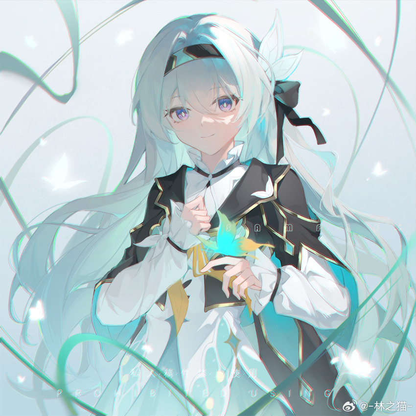 1girl aqua_skirt black_hairband black_jacket bug butterfly closed_mouth collared_shirt cropped_jacket firefly_(honkai:_star_rail) floating_hair hair_between_eyes hair_ornament hairband hand_on_own_chest highres honkai:_star_rail honkai_(series) jacket lin_zhi_mao long_hair long_sleeves looking_at_viewer multicolored_eyes shirt skirt smile solo upper_body white_shirt