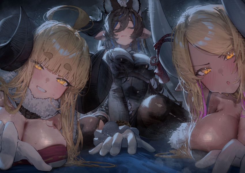 3girls :d absurdres ahoge anila_(granblue_fantasy) betabeet black_dress blonde_hair blunt_bangs breasts brown_hair cape chestnut_mouth cleavage closed_eyes draph dress fur-trimmed_cape fur_trim galleon_(granblue_fantasy) gloves granblue_fantasy highres horn_ornament horn_ribbon horns kumbhira_(granblue_fantasy) large_breasts light_blush looking_at_viewer lying multiple_girls on_stomach parted_bangs pointy_ears ribbon seductive_smile sitting smile thick_eyebrows white_gloves yellow_eyes