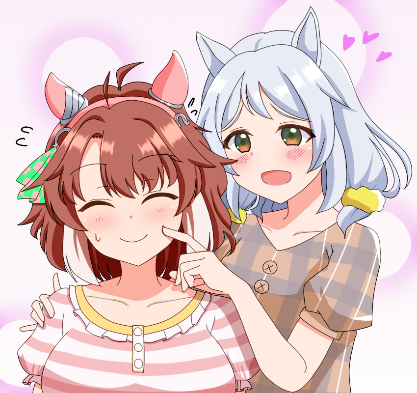 2girls absurdres alternate_costume alternate_hairstyle animal_ears blush brown_eyes brown_hair cheek_poking closed_eyes closed_mouth collarbone dantsu_flame_(umamusume) grey_hair headband heart highres hishi_miracle_(umamusume) multiple_girls pajamas poking seraphyfether simple_background smile sweat umamusume