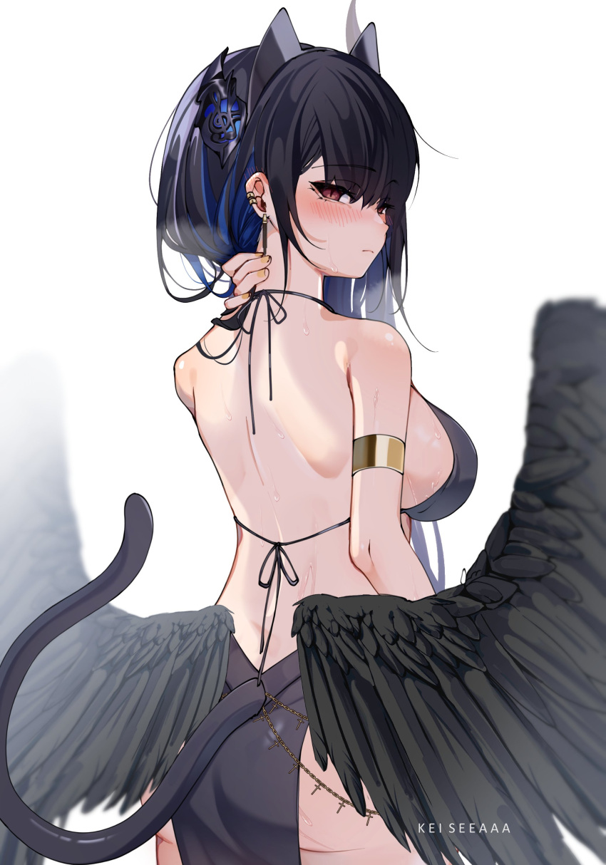 1girl absurdres animal_ear_hairband animal_ears artist_name ass asymmetrical_horns bikini black_bikini black_hair black_wings blue_hair blush breasts cat_ear_hairband cat_ears cat_tail closed_mouth colored_inner_hair commentary cross earclip english_commentary fake_animal_ears feathered_wings from_behind frown hairband hand_on_own_neck highres hololive horns keisea large_breasts long_hair looking_at_viewer low_wings multicolored_hair nerissa_ravencroft nerissa_ravencroft_(1st_costume) red_eyes sideboob slit_pupils solo spine straight_hair swimsuit tail uneven_horns very_long_hair virtual_youtuber white_background wings yellow_nails