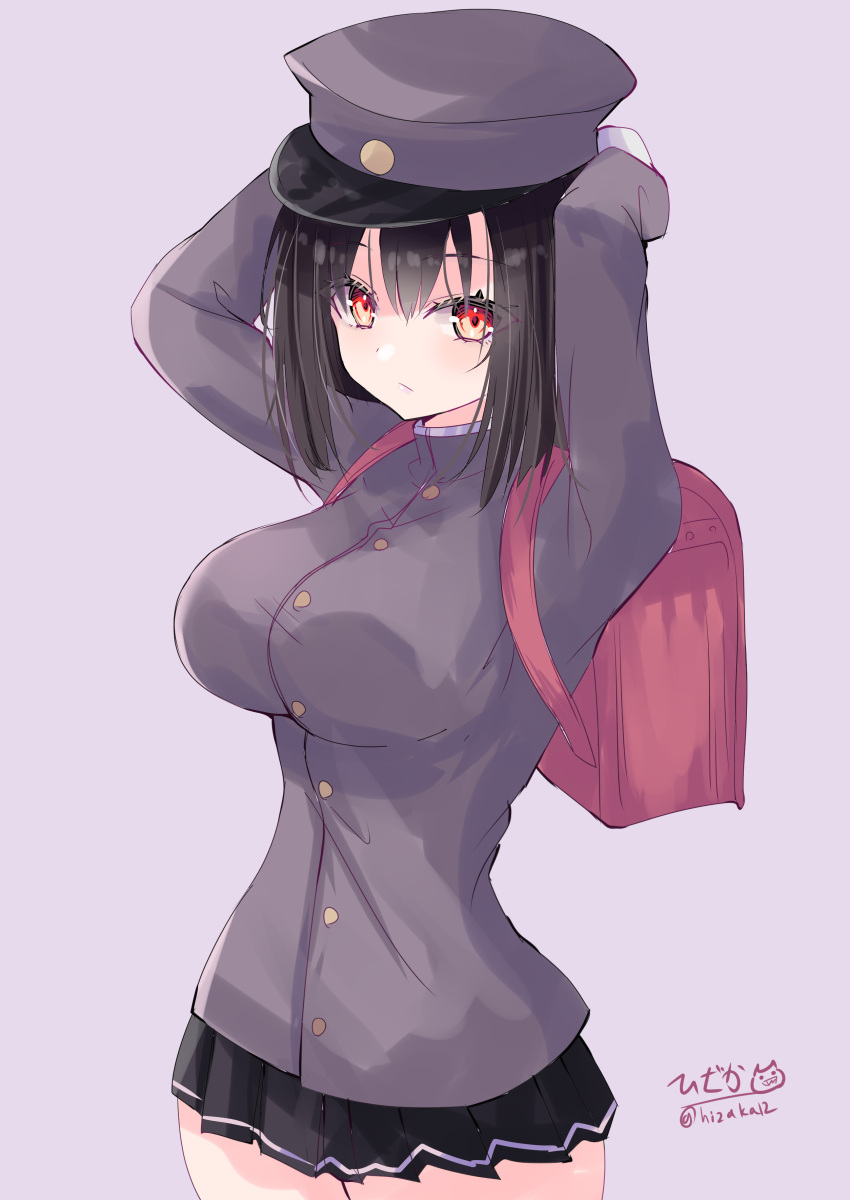 1girl absurdres akitsu_maru_(kancolle) arms_behind_head artist_logo backpack bag black_hair black_skirt grey_background grey_hat grey_jacket hat highres hizaka jacket kantai_collection military_hat military_uniform one-hour_drawing_challenge peaked_cap pleated_skirt randoseru red_eyes short_hair simple_background skirt solo uniform