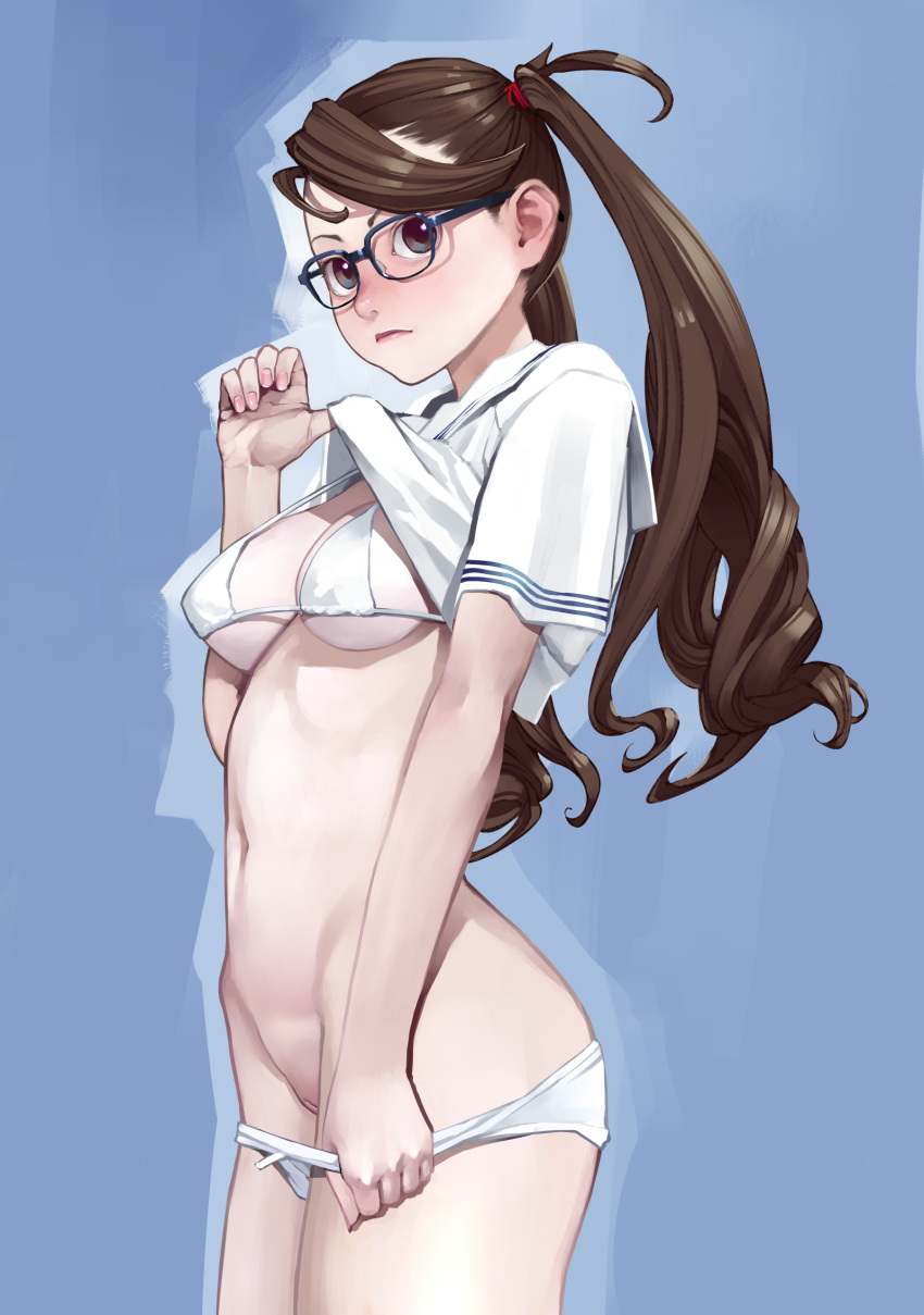 1girl bikini bikini_pull blouse blue-framed_eyewear blue_background blush breasts brown_eyes brown_hair closed_mouth clothes_lift clothes_pull cowboy_shot expressionless glasses groin hair_tie highres inamitsu_shinji legs_together lifted_by_self lips long_hair looking_at_viewer medium_breasts nail_polish navel no_pants original pink_nails pulled_by_self sailor_collar school_uniform serafuku shirt_lift short_sleeves solo standing stomach swimsuit twintails undressing white_bikini white_blouse white_sailor_collar white_serafuku
