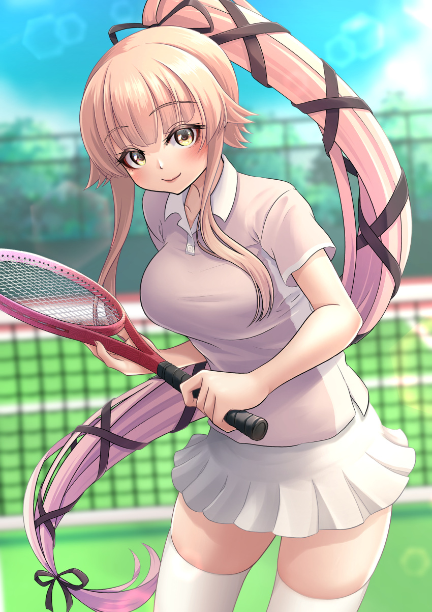 1girl absurdres alternate_costume black_ribbon breasts hair_ribbon highres holding holding_racket holding_tennis_racket kantai_collection large_breasts long_hair looking_at_viewer makura_(y_makura) miniskirt pink_hair pink_shirt ponytail racket ribbon shirt short_sleeves skirt solo sportswear tennis_court tennis_racket tennis_skirt tennis_uniform very_long_hair white_skirt yura_(kancolle)