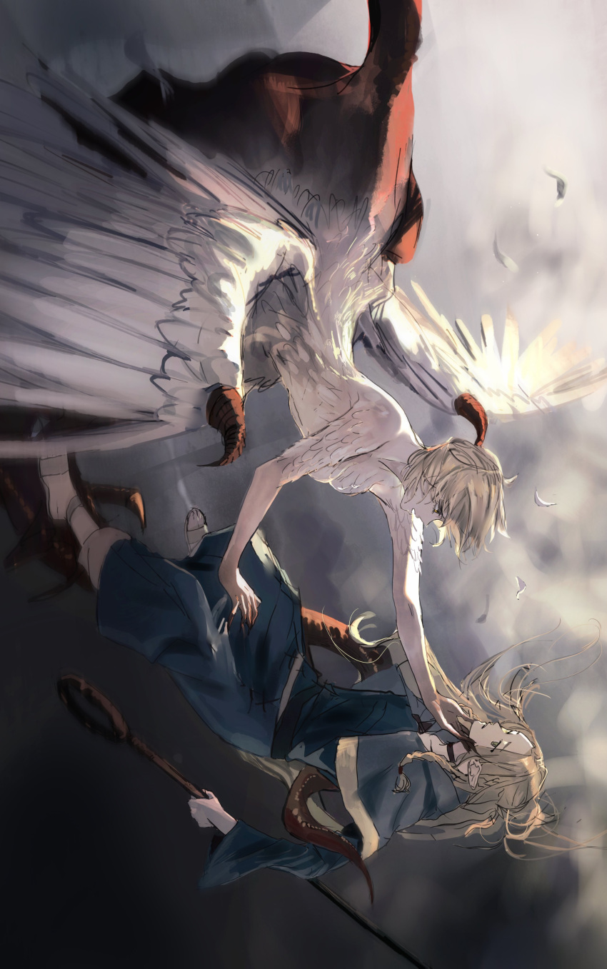 absurdres bare_shoulders black_choker blonde_hair blue_capelet blue_robe capelet chimera choker dungeon_meshi elf falin_touden falling falling_feathers feathered_wings feathers highres holding holding_staff hood hooded_capelet marcille_donato monster_girl nenem_(kimnenemmm_art) pointy_ears robe slippers staff wings
