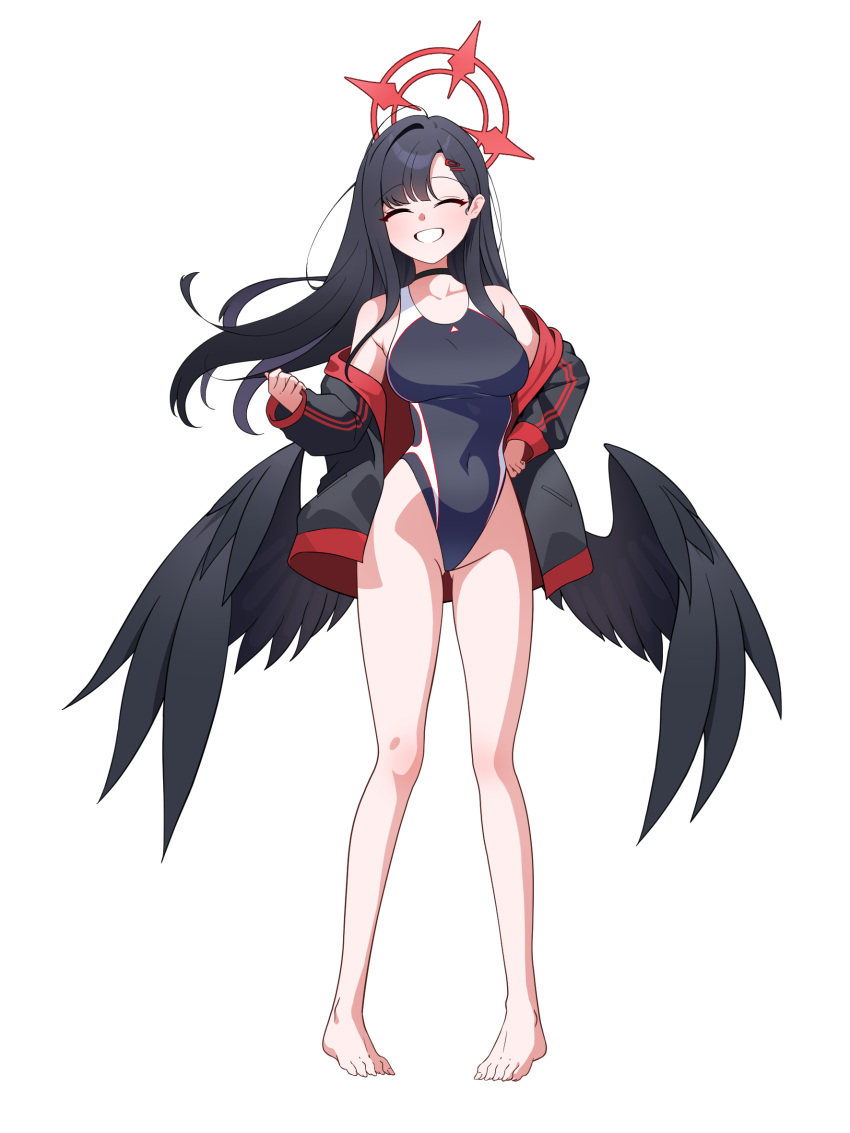 1girl barefoot black_choker black_hair black_jacket black_one-piece_swimsuit black_wings blue_archive blush breasts choker closed_eyes competition_swimsuit facing_viewer feathered_wings grin hair_ornament hairclip halo highres ichika_(blue_archive) jacket large_breasts long_hair long_sleeves one-piece_swimsuit open_clothes open_jacket red_halo schwarz_rubin simple_background smile solo swimsuit toes white_background wings