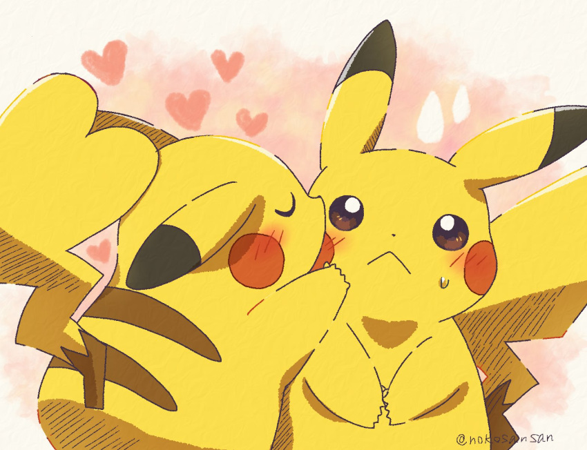 blush brown_eyes closed_mouth frown heart heart_tail highres kiss kissing_cheek no_humans pikachu pokemon pokemon_(creature) roku_(rokkrn) sweat tail twitter_username yellow_fur