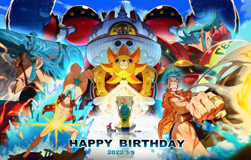 blue_hair blue_theme cyborg franky franky_shogun happy_birthday highres male_focus mecha multiple_views one_piece qin_(7833198) robot ship thousand_sunny watercraft younger