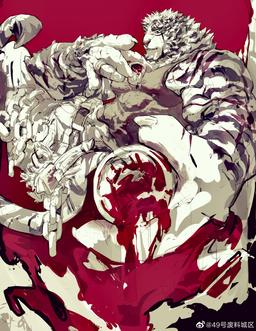 1boy absurdres alcohol animal_ears arknights artist_request bara black_tank_top contrast facial_hair foreshortening furry furry_male goatee highres large_hands large_pectorals limited_palette looking_at_viewer male_focus mountain_(arknights) muscular muscular_male outstretched_hand pectorals pouring reaching reaching_towards_viewer scar scar_across_eye scar_on_arm short_hair sidepec solo tank_top thick_eyebrows tiger_boy tiger_ears white_hair wine