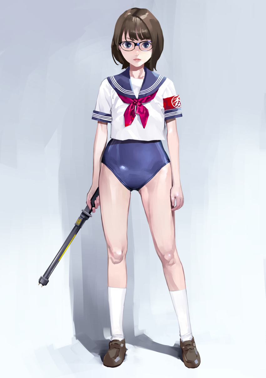 1girl armband arms_at_sides blouse blue-framed_eyewear blue_eyes blue_sailor_collar blue_swimsuit bob_cut brown_footwear brown_hair closed_mouth full_body glasses highres holding holding_weapon inamitsu_shinji kneehighs legs legs_apart lips loafers looking_at_viewer neckerchief no_pants one-piece_swimsuit original red_neckerchief reward_available sailor_collar school_swimsuit school_uniform serafuku shoes short_hair short_sleeves sleeve_cuffs solo standing stun_baton swimsuit swimsuit_under_clothes tareme weapon white_blouse white_legwear