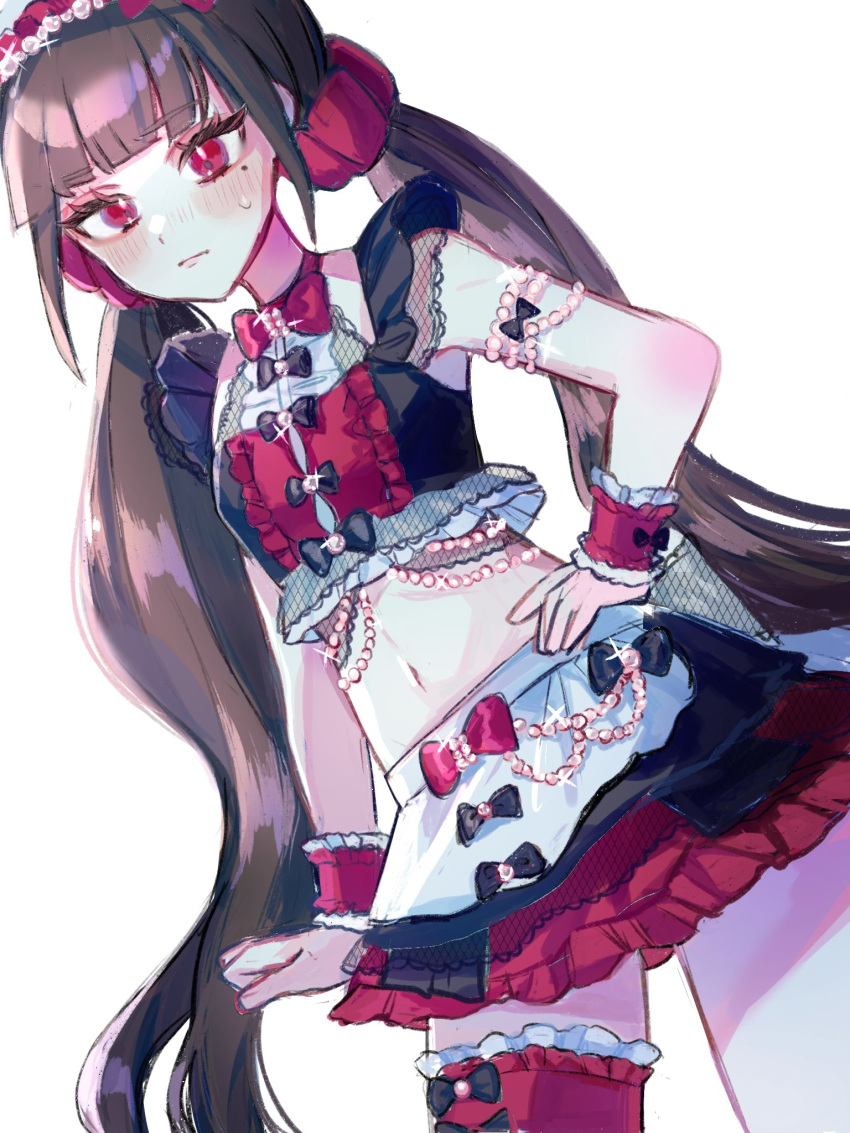 1girl alternate_costume apron black_bow blush bow bowtie closed_mouth danganronpa_(series) danganronpa_v3:_killing_harmony enmaided hair_ornament harukawa_maki highres kaeru_no_ko long_hair maid midriff mole mole_under_eye navel red_bow red_bowtie red_skirt red_thighhighs simple_background single_thighhigh skirt stomach sweatdrop thighhighs waist_apron white_background wrist_cuffs