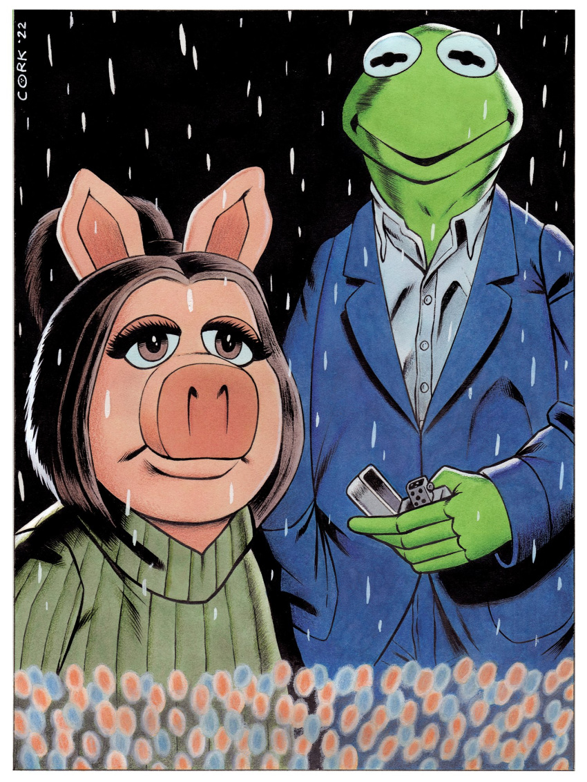 2023 amphibian anthro blue_clothing blue_jacket blue_topwear border bottomwear brown_eyes brown_hair bruce_mccorkindale clothing crossover domestic_pig duo eyelashes female frog green_body green_clothing green_sweater green_topwear green_turtleneck hair hi_res jacket kermit_the_frog male mammal miss_piggy muppets out_of_sight_(film) pants parody pink_body pink_skin raining shirt signature snout suid suina sus_(pig) sweater the_muppet_show thick_eyelashes topwear turtleneck white_border white_clothing white_shirt white_topwear