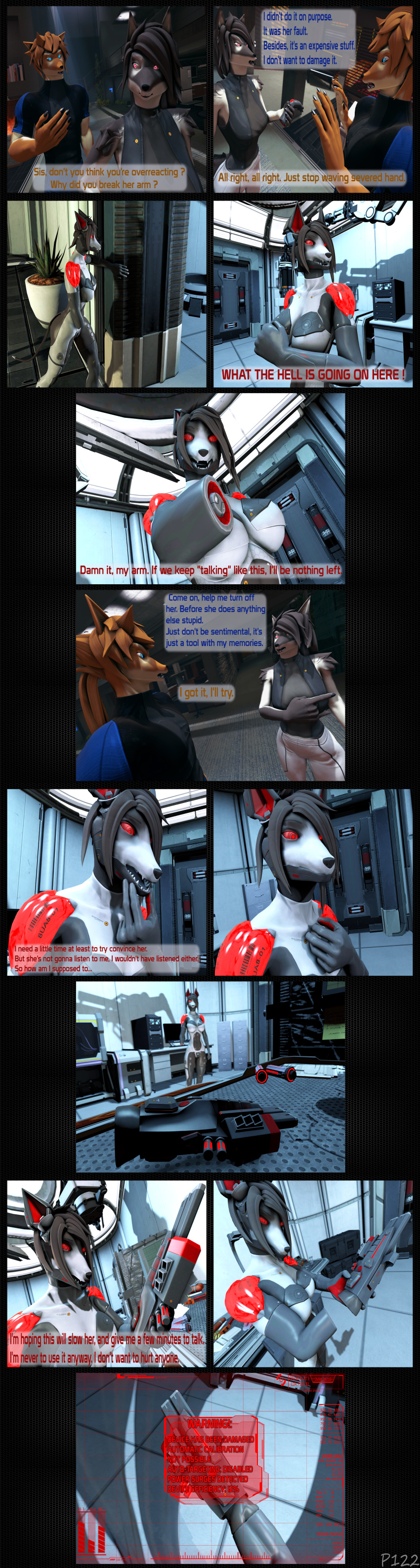 3d_(artwork) 5_fingers absurd_res alan_(petruz) amelia_(petruz) android anthro canid canine canis clothed clothing comic cybernetics cyborg dialogue digital_media_(artwork) english_text female fingers fur grey_body hair hi_res huge_filesize humanoid_hands jackal machine male mammal petruz_(copyright) red_eyes robot source_filmmaker_(artwork) speech_bubble tail text unauthorized_life white_body xpasha122x yellow_body