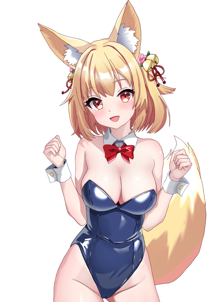 1girl :d absurdres animal_ear_fluff animal_ears bare_arms bare_shoulders bell blonde_hair blue_leotard bow bowtie breasts cameltoe collar commission detached_collar flower fox_ears fox_girl fox_tail groin hair_bell hair_flower hair_ornament hands_up head_tilt highleg highleg_leotard highres jingle_bell kosuzu_rin-chan_(sinon77) leotard light_blush looking_at_viewer medium_breasts medium_hair original playboy_bunny red_bow red_bowtie red_eyes simple_background skeb_commission smile solo strapless strapless_leotard tail uma_(uma_mohumohu) w_arms white_background white_collar wing_collar wrist_cuffs