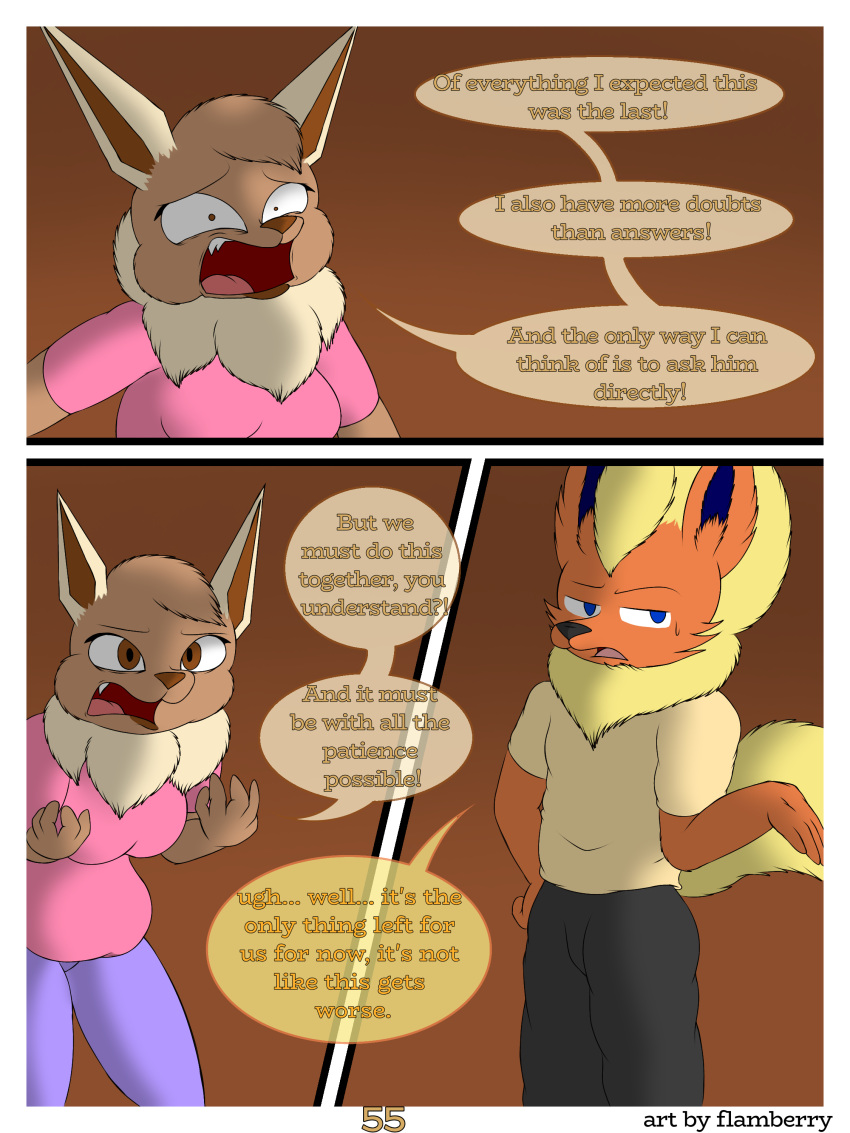 3:4 absurd_res angry anthro belly big_breasts breasts brown_body brown_eyes brown_fur canid canine canis clothed clothing digital_drawing_(artwork) digital_media_(artwork) discussion duo eevee eeveelution elizabeth_venizee english_text female flamberry_(artist) flareon franklin_flare fur generation_1_pokemon hair hi_res male mammal nintendo obese obese_female open_mouth overweight overweight_female pokemon pokemon_(species) simple_background surprised_expression tail text