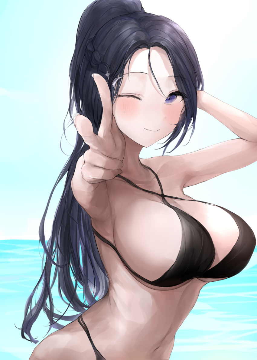 1girl ;) absurdres arm_behind_head armpits bikini black_bikini black_hair blush braid breasts chan1moon character_request collarbone copyright_request fingernails foreshortening highres large_breasts long_hair looking_at_viewer navel one_eye_closed outdoors ponytail purple_eyes smile solo stomach swimsuit very_long_hair w