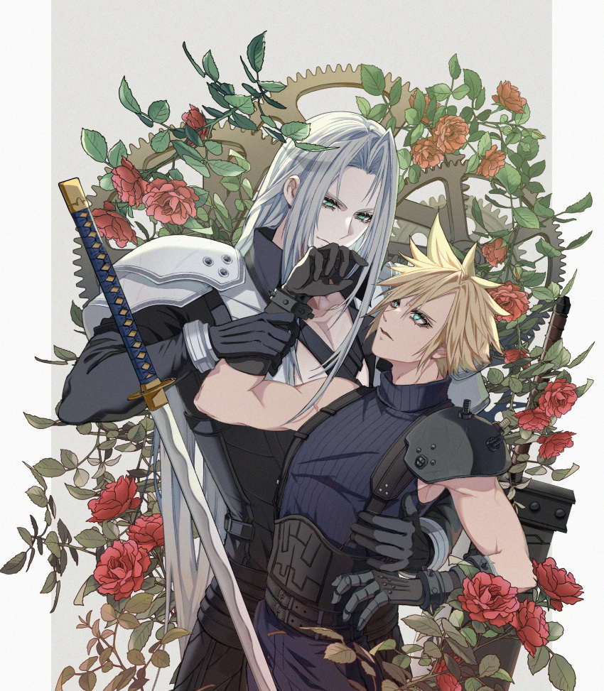 2boys absurdres arm_up armor belt black_belt black_coat black_gloves black_pants blonde_hair blue_sweater bracer bright_pupils brown_belt buster_sword chest_strap clockwork cloud_strife coat final_fantasy final_fantasy_vii flower gloves green_eyes grey_background grey_hair hand_on_another's_waist hand_up high_collar highres holding_another's_wrist katana leaf light_smile long_bangs long_hair long_sleeves looking_at_another looking_down looking_up lyell_ff14 male_focus multiple_belts multiple_boys open_clothes open_coat pants parted_bangs parted_lips pauldrons planted planted_sword red_flower red_rose rose sephiroth short_hair shoulder_armor single_pauldron sleeveless sleeveless_sweater sleeveless_turtleneck spiked_hair standing suspenders sweater sword turtleneck turtleneck_sweater upper_body very_long_hair weapon yaoi