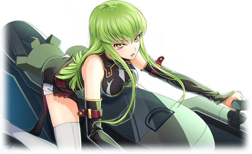 1girl artist_request bare_shoulders black_shirt black_sleeves breasts c.c. code_geass code_geass:_lost_stories detached_sleeves game_cg green_hair hair_between_eyes hanging_breasts highres leaning_forward long_hair long_sleeves looking_afar medium_breasts non-web_source official_art open_mouth piloting shirt short_shorts shorts sidelocks simple_background sitting sleeveless sleeveless_shirt solo thighhighs thighs transparent_background white_shorts white_thighhighs yellow_eyes