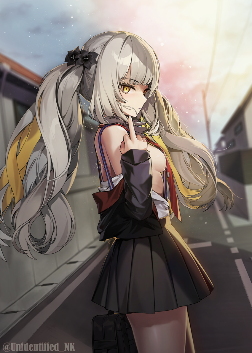 1girl black_flower black_skirt blonde_hair breasts colored_inner_hair fate/grand_order fate_(series) flower from_side grey_hair hair_flower hair_ornament highres long_hair long_sleeves marie_antoinette_(alter)_(fate) marie_antoinette_(alter)_(first_ascension)_(fate) marie_antoinette_(fate) medium_breasts middle_finger miniskirt multicolored_hair outdoors pleated_skirt road school_uniform sidelocks skirt solo standing twintails unidentified_nk yellow_eyes